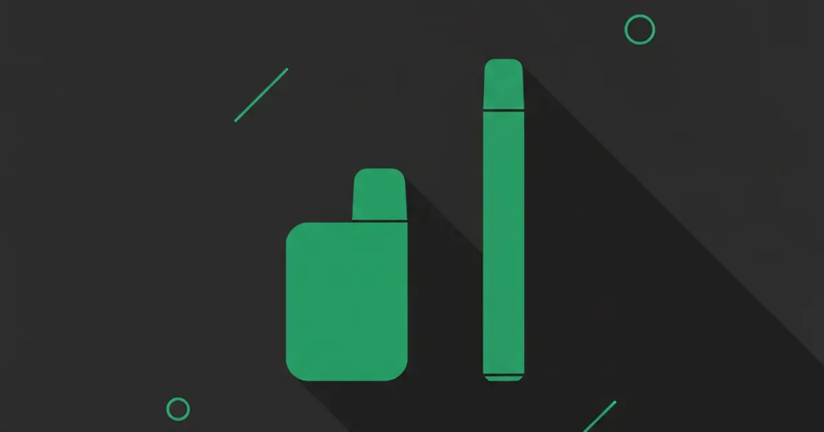 Flat illustration of a simple pod vape and a disposable vape side by side on a dark charcoal background with a green accent.