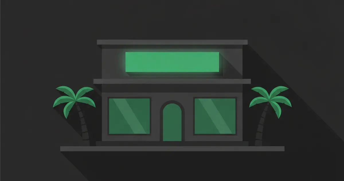 Flat illustration of a friendly neighborhood smoke shop storefront at dusk in South Florida with palm trees and a green sign, on a dark charcoal background.
