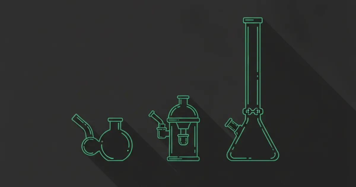 Flat illustration of a bong, a bubbler, and a dab rig lined up by size on a dark charcoal background with a green accent.