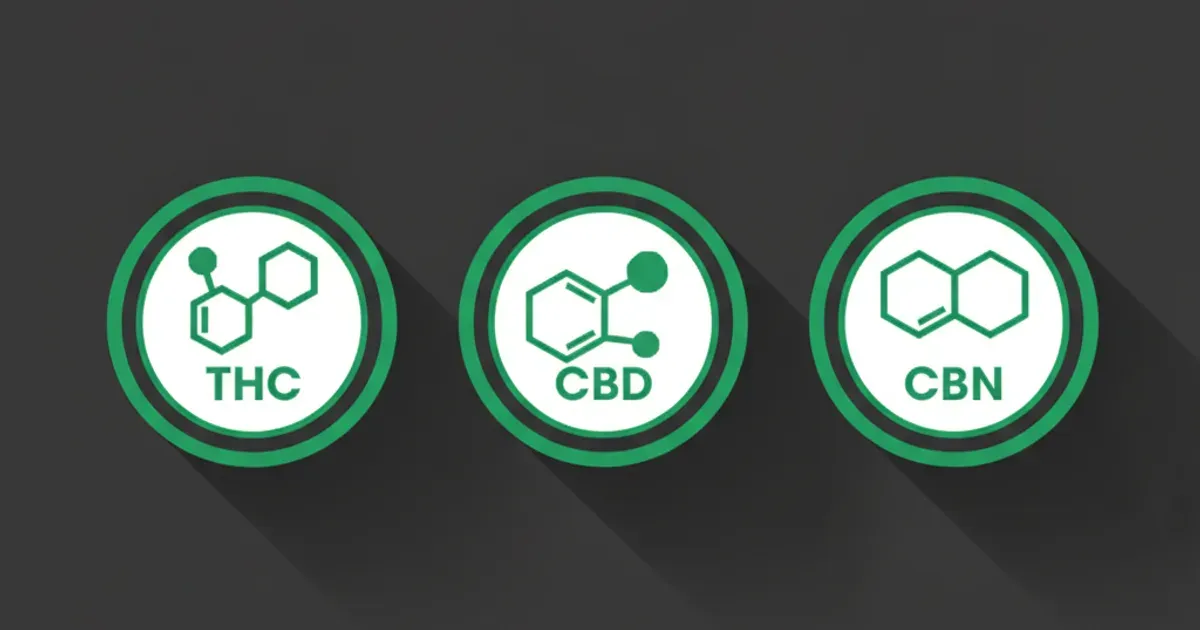 Flat illustration of three labeled molecule icons for Delta-8, Delta-9, and CBD on a dark charcoal background with a green accent.