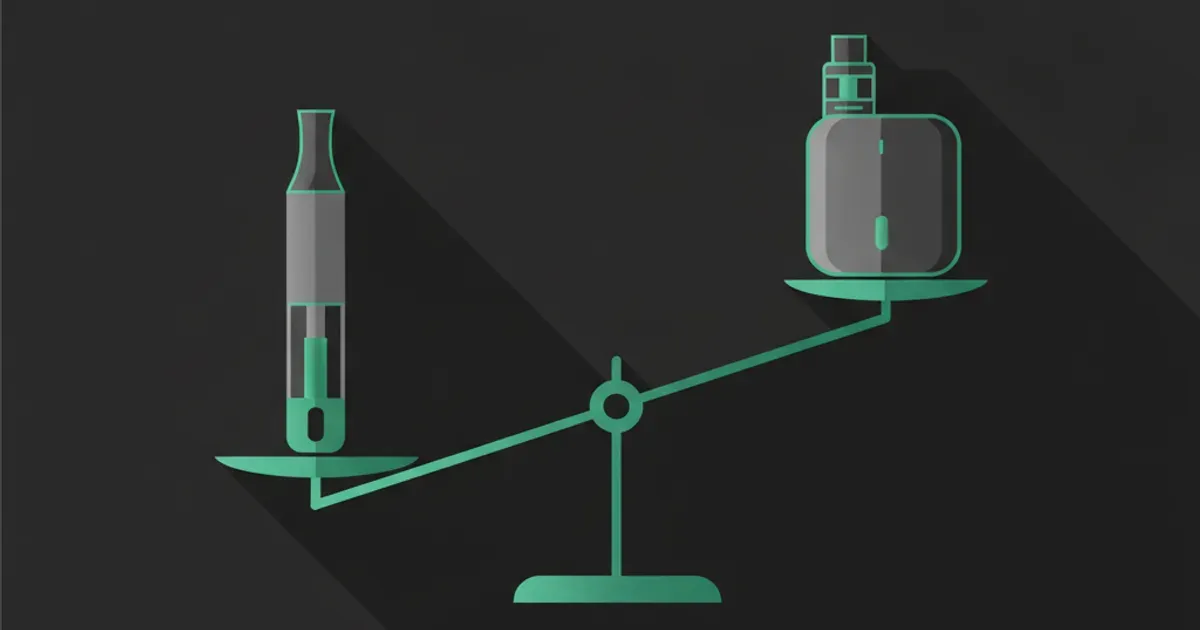 Flat illustration comparing a disposable vape and a refillable pod device with a balance-scale motif on a dark charcoal background.
