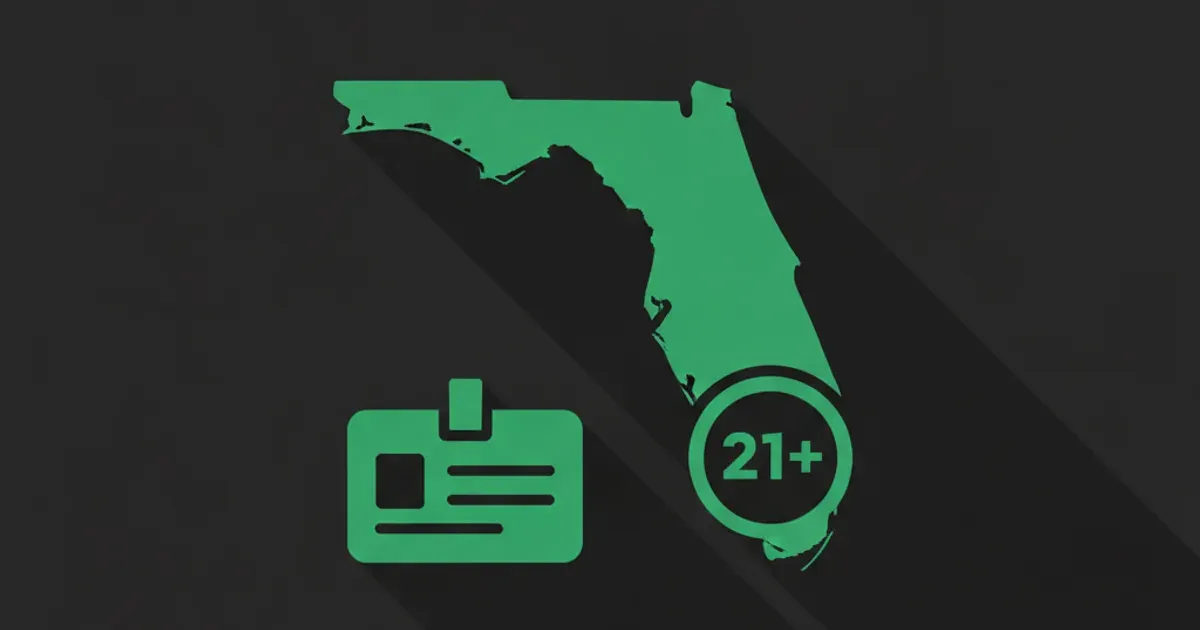 Flat illustration of a Florida state silhouette with a 21-plus badge and an ID card on a dark charcoal background with a green accent.