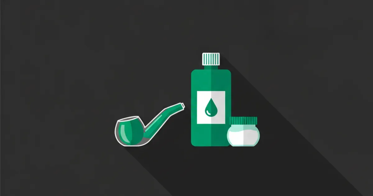 Flat illustration of a glass pipe with a bottle of isopropyl alcohol and a salt jar on a dark charcoal background with a green accent.
