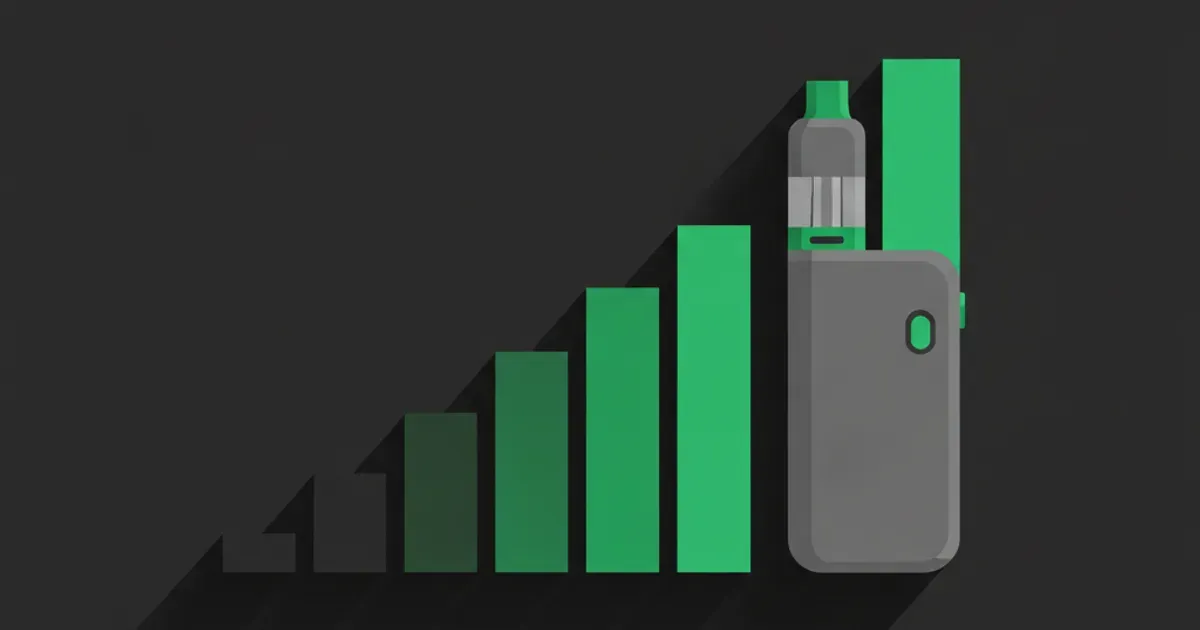 Flat illustration of a rising bar chart of nicotine strength levels beside a vape device on a dark charcoal background with a green accent.